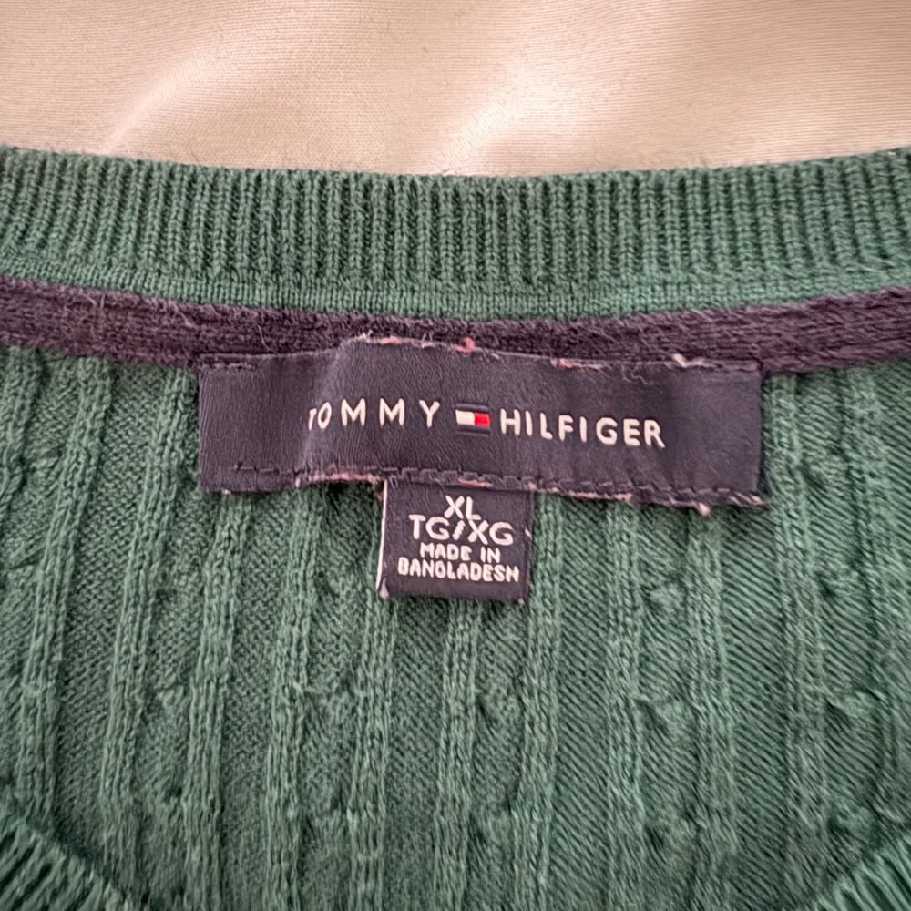 Tommy Hilfiger Women's Green Cable-Knit V-Neck Ivy Sweater Preppy XL - Picture 4 of 8